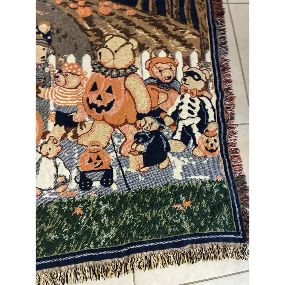 VTG 90s Goodwin Weavers Halloween Bears Trick or Treat Tapestry Throw Blanket